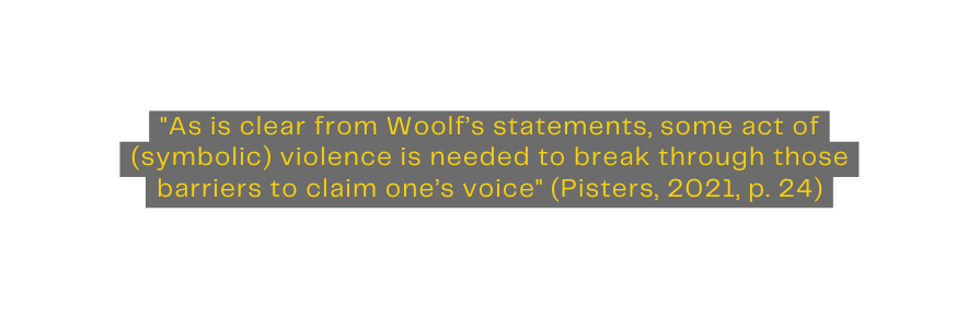 As is clear from Woolf s statements some act of symbolic violence is needed to break through those barriers to claim one s voice Pisters 2021 p 24
